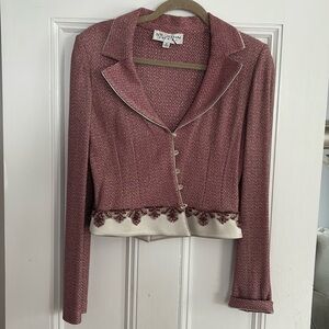 St John Evening Iced Red Platinum Satin Jacket Sz 6 stunning bead detailing